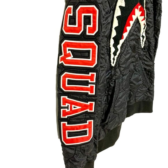 Hudson Outwear Puffer Jacket Embroidered Shark Mouth Squad Hood Zip Black Size L - Picture 4 of 12